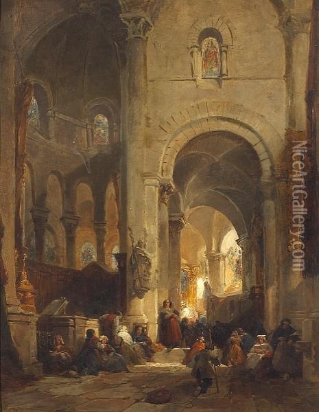 A Church Interior With Numerous Figures Oil Painting - James Duffield Harding