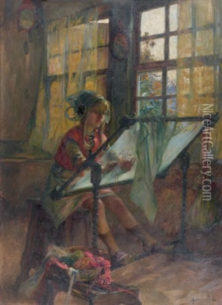 Jeune Fille Au Metier A Broder Oil Painting - Henri Gaston Darien