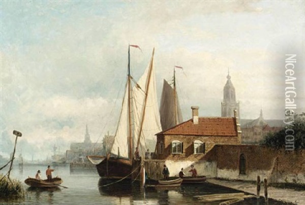 A View Of A Town With Sailing Vessels In A Harbour Oil Painting - Nicolaas Riegen