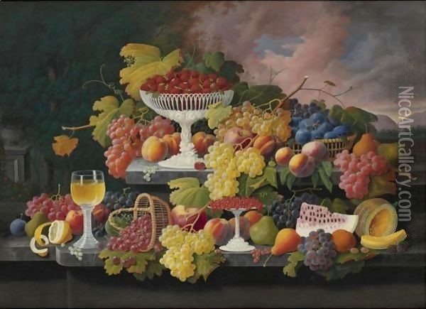 Still Life With Fruit In A Landscape Oil Painting - Severin Roesen