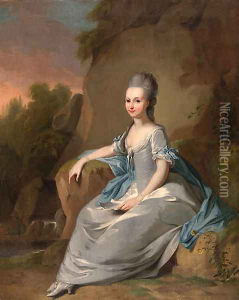 Portrait of a ladyfull-length, in a silver dress and a blue shawl Oil Painting - Johann Heinrich The Elder Tischbein