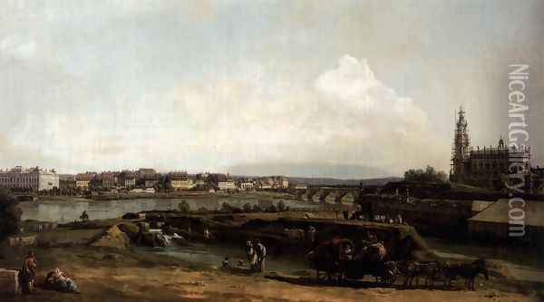 Dresden from the Left Bank of the Elbe, below the Fortifications 1748 Oil Painting - Bernardo Bellotto