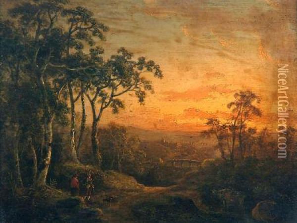 Travellers In Sunset Landscape Oil Painting - Abraham Pether