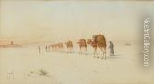 Camel Train In The Desert Oil Painting - Spyridon Scarvelli
