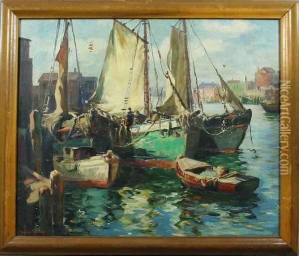 Boats In Harbor Oil Painting - Vladimir Pavlosky