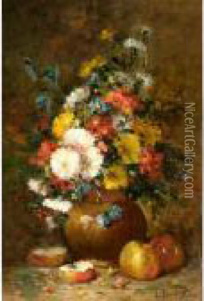 Still Life Of Flowers And Apples Oil Painting - Eugene Henri Cauchois
