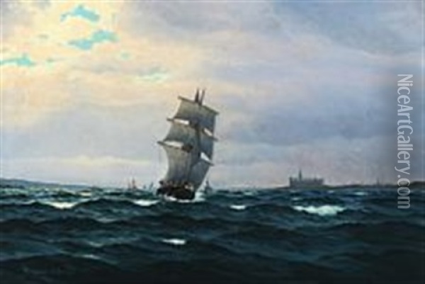 Seascape With Sailing Ships And Steamships Off Kronborg, Denmark Oil Painting - Emanuel A. Petersen