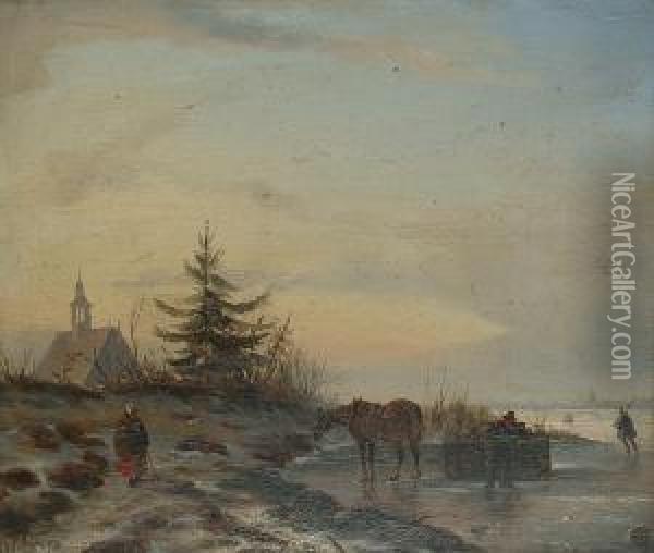 Winter Landscape With Figures And A Church Beyond. Oil Painting - Carl Eduard Ahrendts