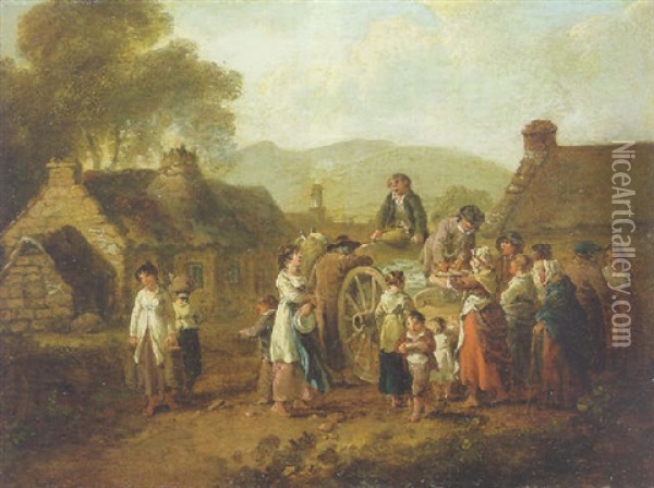 Peasants Gathered At A Fishmonger's Cart In A Village Oil Painting - Julius Caesar Ibbetson