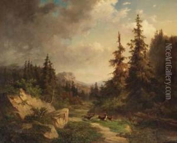 Rocky Woodland With Wolves Chasing A Stag Oil Painting - Willem Jan Van Den Berghe