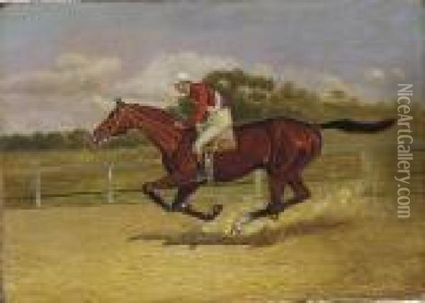 A Chestnut Racehorse Galloping, With Jockey Up Oil Painting - Henry Stull
