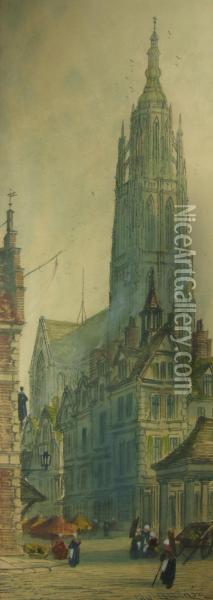 French Street Scenes By Cathedrals Oil Painting - Paul Braddon