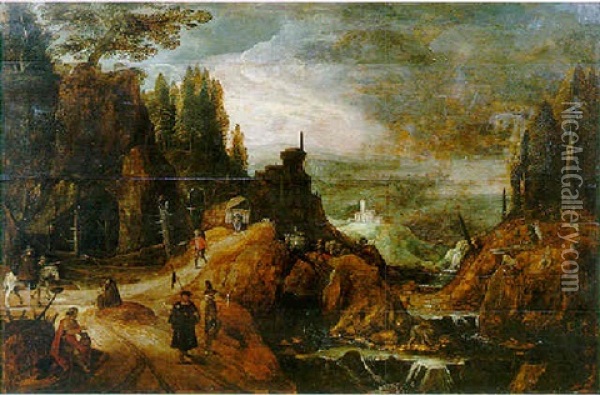 Paysage De Montagne Et Cascade Animee De Promeneurs Et De Pelerins Oil Painting - Joos de Momper the Younger