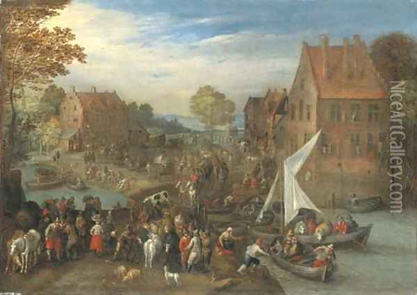 A crowded village landscape with wagons on a path and ferries crossing a river Oil Painting - Joseph van Bredael