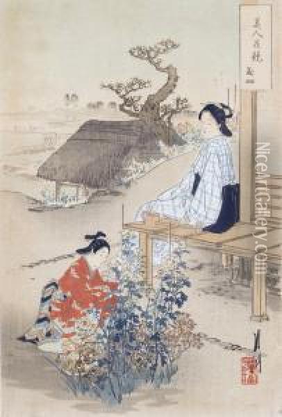 Zwei Damen Auf Der Veranda Und Im Garten. Oil Painting - Ogata Gekko