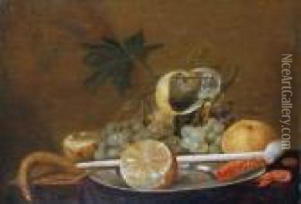 Stilleben Mit Fruchten, Gekochten
 Krabben Und Einer Tonpfeife. Oil Painting - Cornelis Mahu