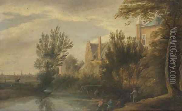 A river landscape with a fisherman, a town beyond Oil Painting - Lodewijk De Vadder