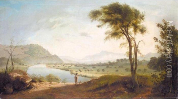 View Of The Valley Of The Lune, Lancaster, With A Traveller On A Path In The Foreground Oil Painting - John Henderson