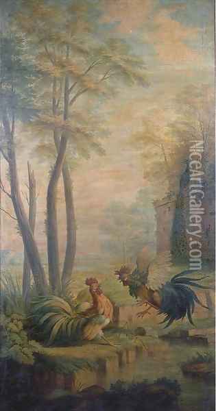 Two fighting cocks by a pond in a park landscape Oil Painting - Jean-Baptiste Oudry