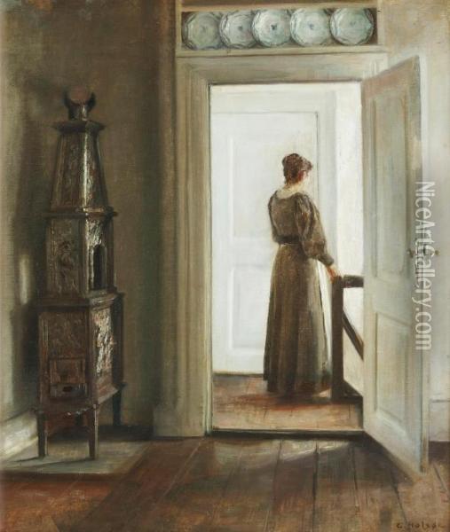 Interior With A Woman Oil Painting - Carl Vilhelm Holsoe
