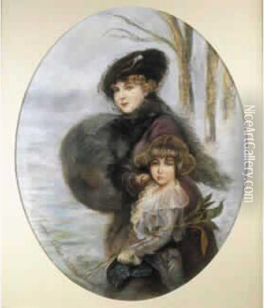 Portrait D'une Elegante Avec Sa Petite Fille Sur Un Fond De Paysage Enneige. Oil Painting - Francois-Victor Bisou