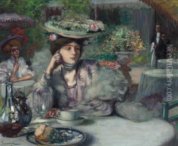 Une Elegante Au Cafe Oil Painting - Pierre Georges Jeanniot