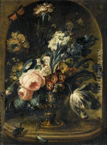 Roses, Tulips And Other Flowers (+ Beetles, Carnations, Primroses; Pair) Oil Painting - August Wilhelm Sievert