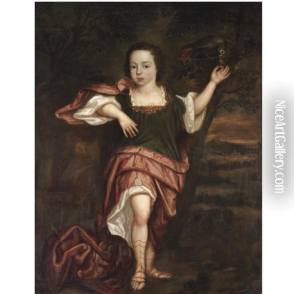 Portrait Of A Boy, Full Length, Dressed In Classical Robes, Feeding A Parrot Oil Painting - Abraham Lambertsz Jacobsz van den Tempel