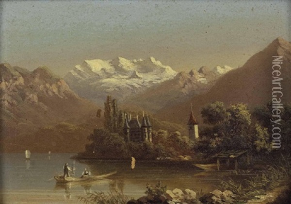 Schloss Schadau Und Kirche Von Scherzligen Am Thunersee Oil Painting - Hubert Sattler