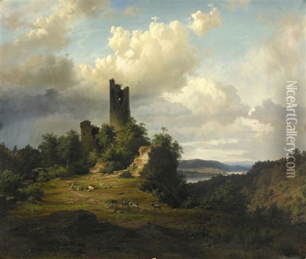 Ruinerna Av Slottet Reineck Vid Rehn Oil Painting - Edward (Johan-Edvard) Bergh