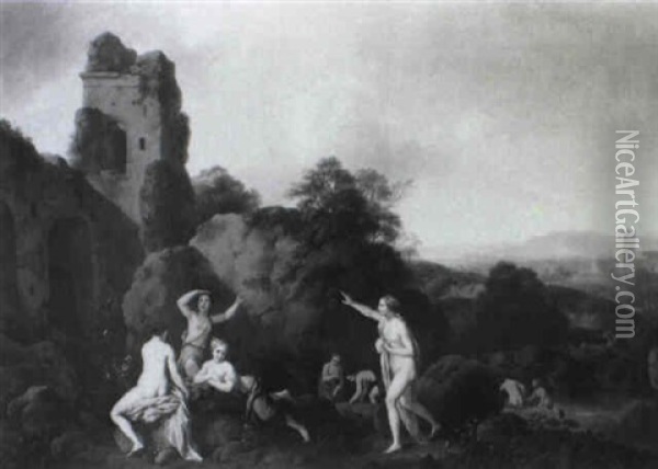 Badende Nymphe Vor Landschaft Mit Antiken Ruinen Oil Painting - Christian Wilhelm Ernst Dietrich