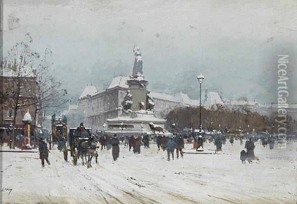 A View Of The Place De La Republique In Winter Oil Painting - Eugene Galien-Laloue