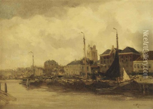 The Harbour Of Dordrecht, With The Grote Kerk Beyond Oil Painting - Willem George Frederik Jansen