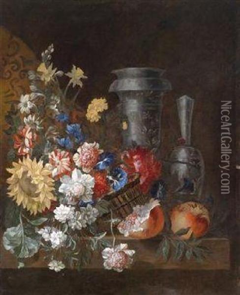 A Still Life Of Flowers And Fruit With Two Magnificent Blue And White Vessels Oil Painting - Jean Baptiste Belin de Fontenay