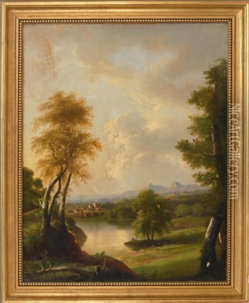 River Landscape With Bridge And Mountains In The Background Oil Painting - Edmund C. Coates