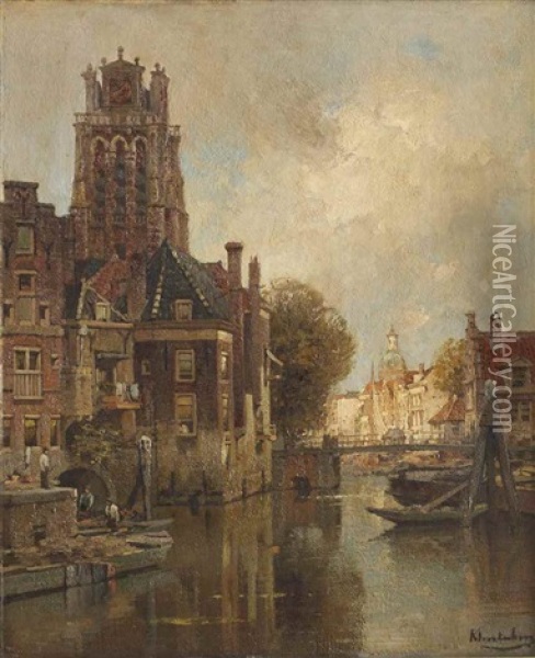 A View Of The Leuvehaven With The Grote Kerk, Dordrecht Oil Painting - Johannes Christiaan Karel Klinkenberg