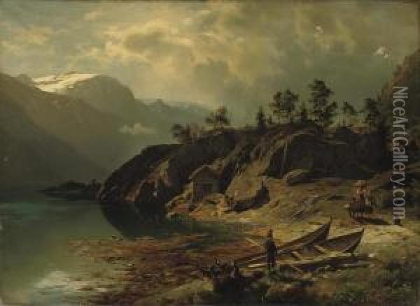 Figures Near A Mountain Lake Oil Painting - August Wilhelm Leu