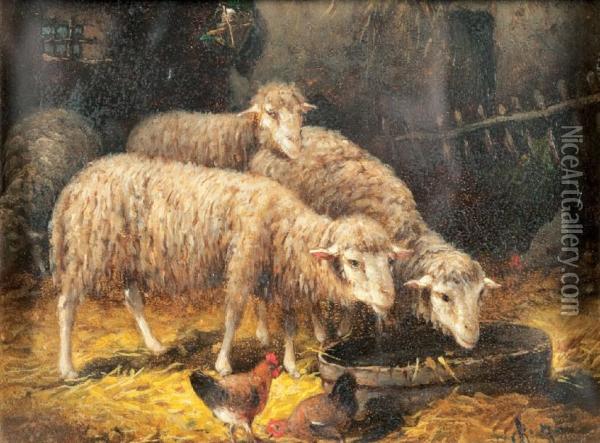 Moutons A La Bergerie Oil Painting - Charles Jacques