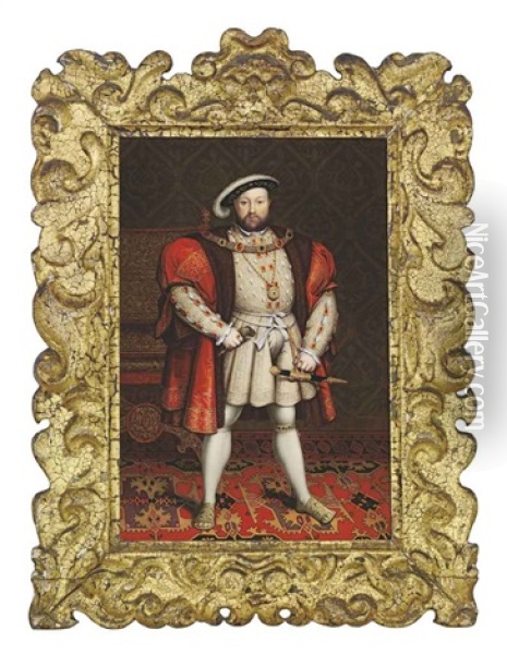 King Henry Viii, In A Heavily Embroidered Taupe Silk Tunic And Codpiece (after Hans Holbein The Younger) Oil Painting - Henry Bone