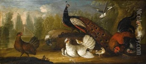A Peacock And A Peahen With A Cockerel And Other Fowl In A Park Landscape Oil Painting - Marmaduke Cradock