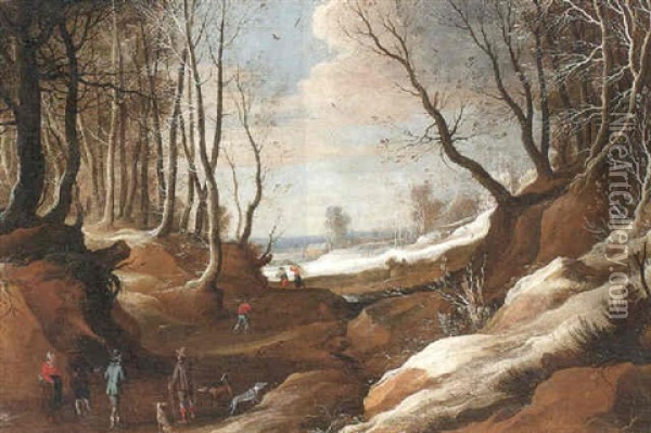 A Winter Landscape With Faggot Gatherers And Travellers On A Path Oil Painting - Jacques Fouquieres