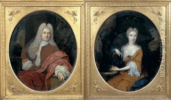 Portrait D'homme Accoude (+ Portrait De Dame Pres D'une Fontaine; Pair) Oil Painting - Constantyn Netscher