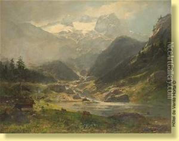 Troupeau S'abreuvant Sur Fond De Glacier Oil Painting - Karl Heinrich Schultze