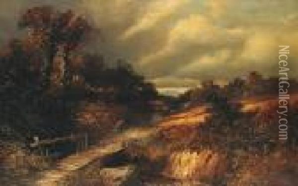 An Extensive Landscape With A Bridge Over A Stream Oil Painting - Clarence Roe