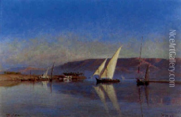 Feluccas On The Nile Oil Painting - Andreas Christian Riis Carstensen
