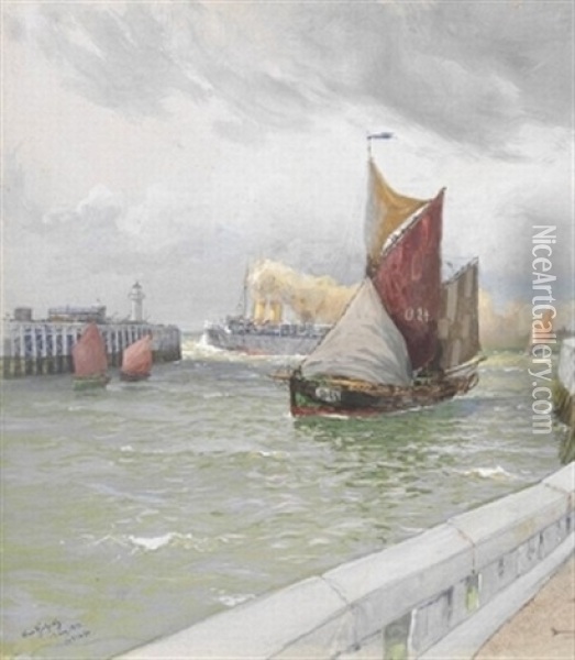 Dampfschiff Und Fischkutter Im Hafen Von Ostende Oil Painting - Hans (Johannes) Bohrdt