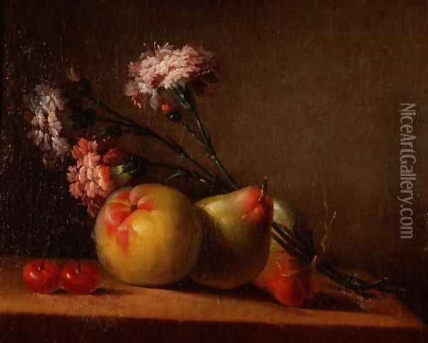 Carnations, pears, cherries and apple on a table Oil Painting - Anne Vallayer-Coster