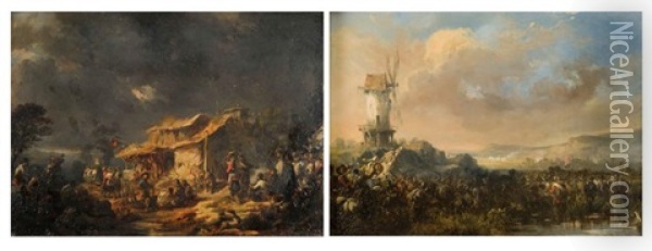 Soldats Devant Une Ferme (+ Militaire Devant Un Moulin; Pair) Oil Painting - Jean-Pierre Norblin De La Gourdaine