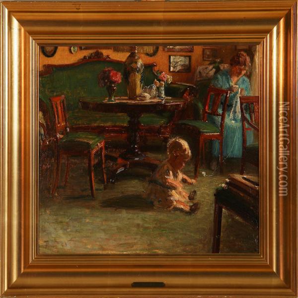 Living Room Interior Oil Painting - Ludvig Find