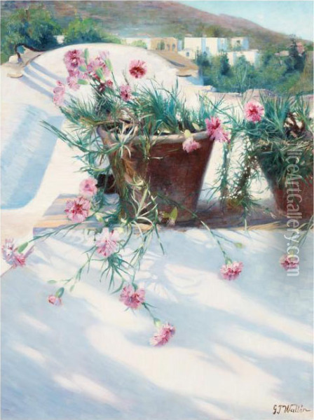 Mediterranean Still Life With Flowers Oil Painting - Gustaf Theodor Wallen